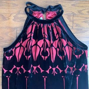 Sophie Max Elegant Silk & Velvet Deep Red Longline High Neck Top Size Small